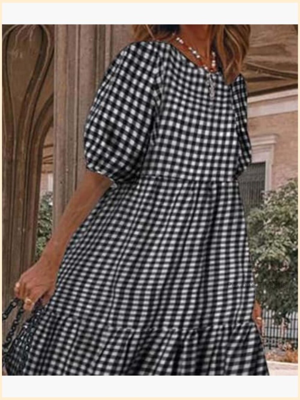 Loose Fit Plaid Long Dress with Lantern Sleeves Casual Swing Dress - Picture 2 of 5